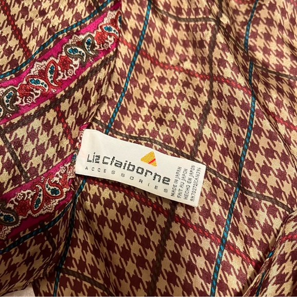 Vintage Liz Claiborne Brown Plaid with Paisley Trim Scarf 100% Silk, 58” long - Picture 5 of 7